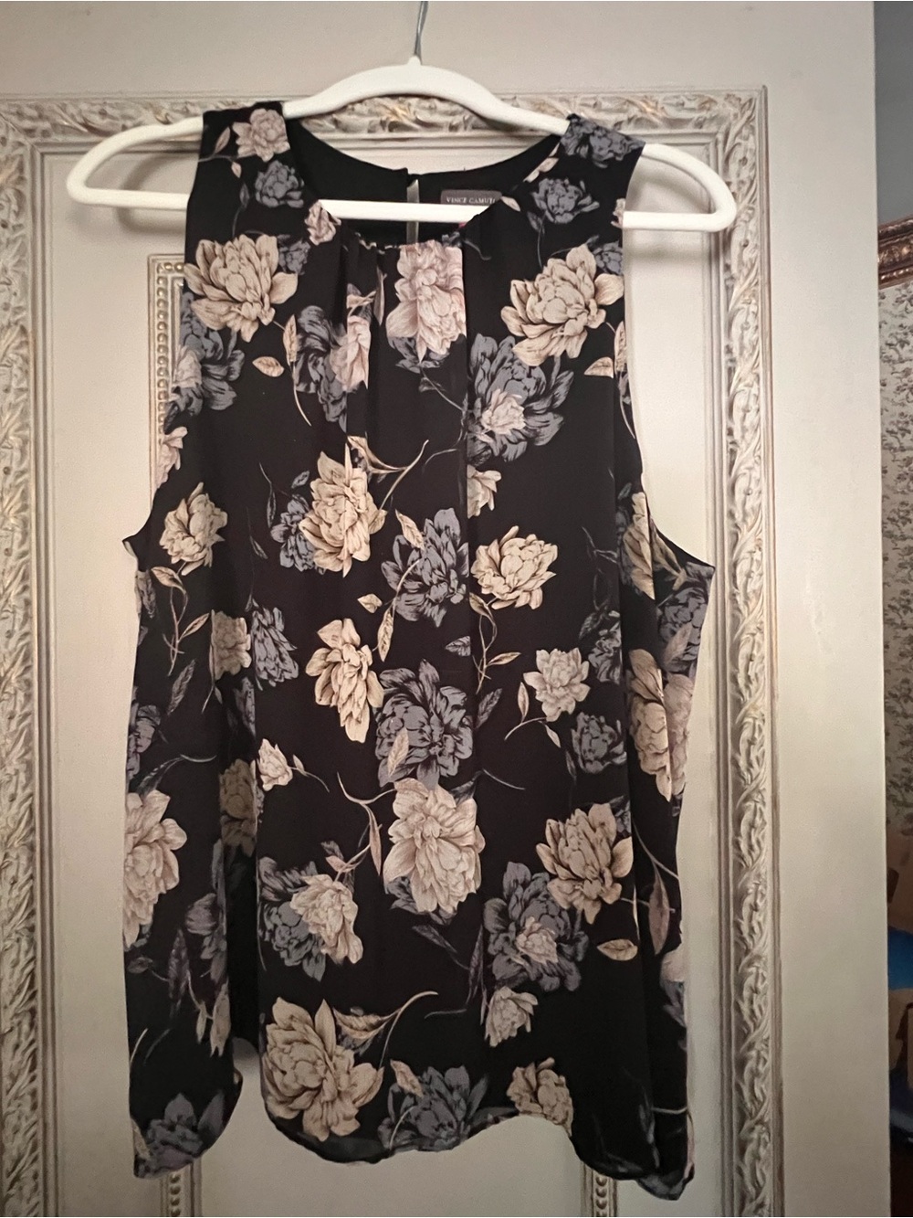 Vince Camuto Floral Sleeveless Blouse XL Black Sheer Layered Hem